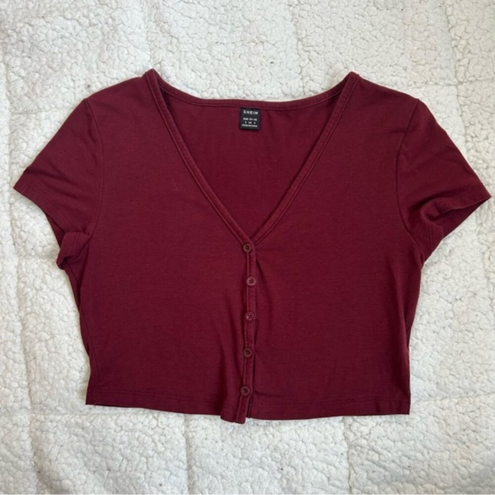 SHEIN Women's Burgundy Button-Up Crop Top